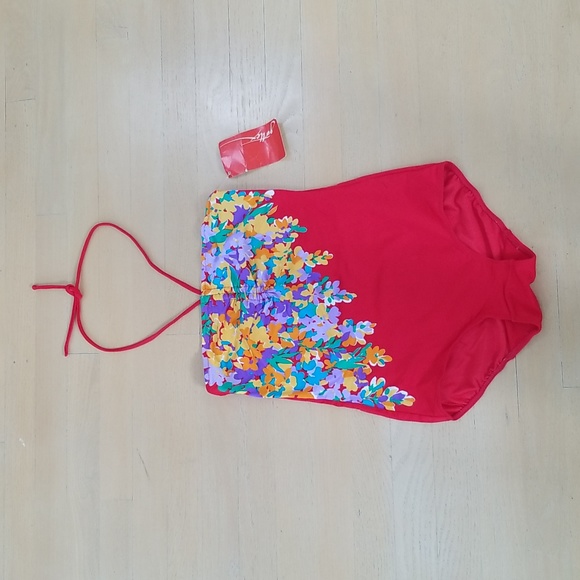 Vintage Floral Red Swim Suit Tie Halter NWT - Picture 1 of 10